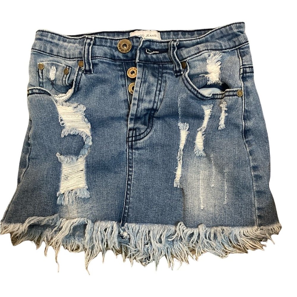 Gogo Jeans Mini Skirt Juniors Size 1 Button Fly Distressed Stretch Frayed Holes